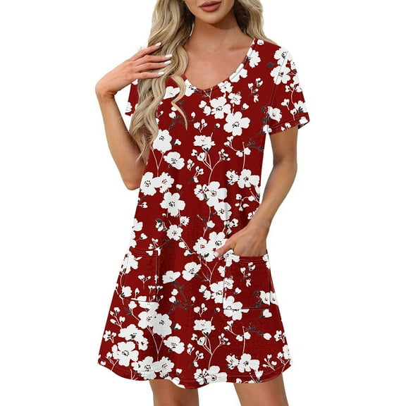 Uaswgudfs Women's Short Sleeve V-Neck Midi Dress​ - Summer Casual Floral Embellishment & Pockets, Knee-Length Soft Fabric & Versatile Style Wine M