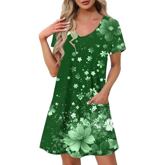 Uaswgudfs Women's Short Sleeve V-Neck Midi Dress​ - Summer Casual Floral Texture & Relaxed Fit, Smooth Fabric with Functional Pockets Mint Green XL