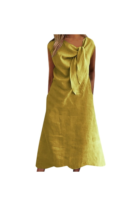 Women's Sleeveless A-Line Casual Dress - Summer Front Knot Detail & Versatile Midi Length for Semi-Formal/Casual Occasions Yellow 2XL