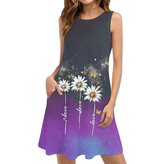 Uaswgudfs Women's Sleeveless A-Line Flowy Dress - Casual Summer Sundress with Daisy Print & Butterfly Accents for Romantic Style Purple S