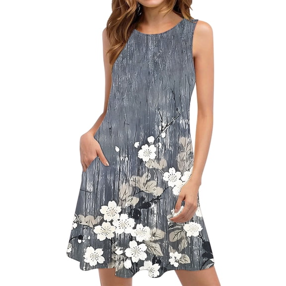 Uaswgudfs Women's Sleeveless A-Line Flowy Tank Dress - Casual Summer Sundress with Floral Accents for Social Occasions Gray L