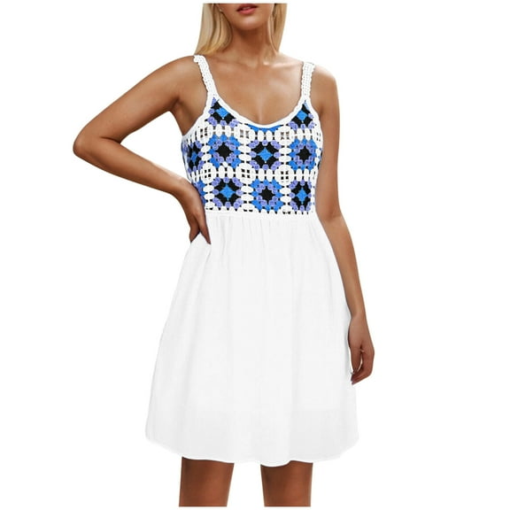 Uaswgudfs Women’s Sleeveless A-Line Midi Dress - Square Neckline Crochet Detail & Flared Hem Summer Casual Flowy Sundress