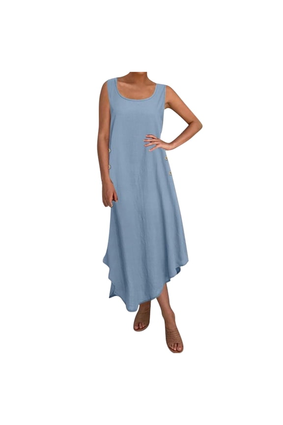Women's Sleeveless Asymmetrical Summer Maxi Dress 2025: Flowy Casual with Round Neck, Vertical Buttons & Mesh Detailing Sky Blue XL