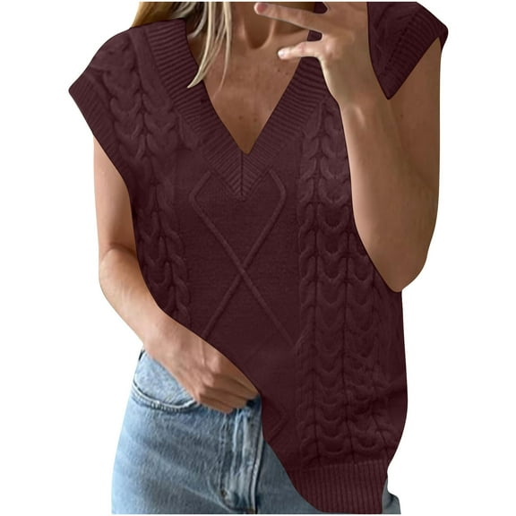 Uaswgudfs Women's Sleeveless Cable Knit Sweater: Ribbed Trims & V-Neck Layering for Fall/Winter