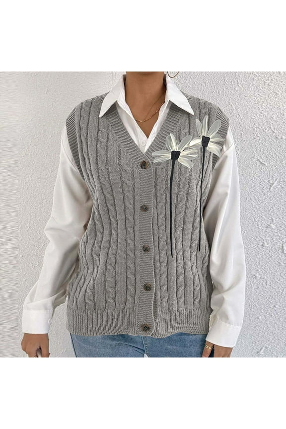 Women's Sleeveless Cable Knit Vest: Flower Accents & Button Closure for Autumn/Winter Layering