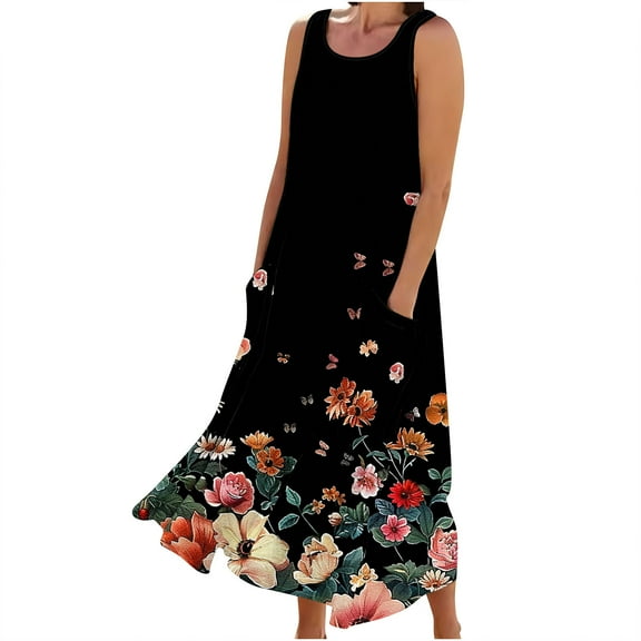 Uaswgudfs Women's Sleeveless Flowy Dress with Polka Dot & Abstract Print - Casual Midi Sundress with Functional Side Pockets for Summer 2025​ Black 3XL