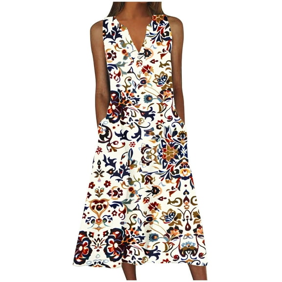 Uaswgudfs ​Women's Sleeveless Flowy Dress with Polka Dot & Abstract Print - Casual Midi Sundress with Functional Side Pockets for Summer 2025​ Khaki-C 2XL
