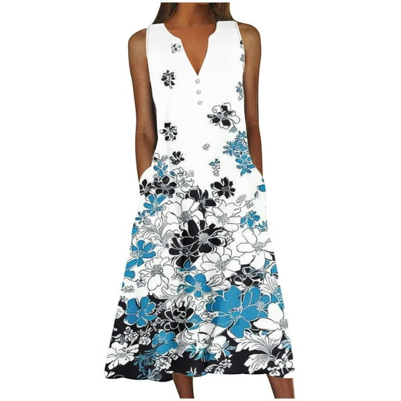 Uaswgudfs ​Women's Sleeveless Flowy Dress with Polka Dot & Abstract Print - Casual Midi Sundress with Functional Side Pockets for Summer 2025​ White-A XL