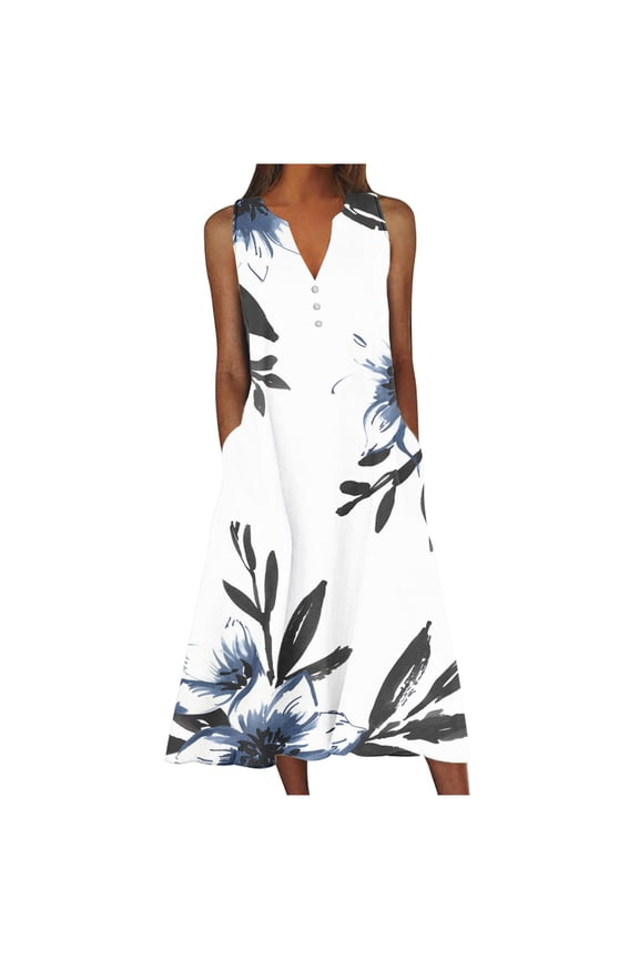 ​Women's Sleeveless Flowy Dress with Polka Dot & Abstract Print - Casual Midi Sundress with Functional Side Pockets for Summer 2025​ White-D M