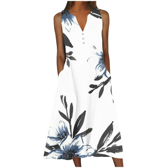 Uaswgudfs Women's Sleeveless Flowy Dress with Polka Dot & Abstract Print - Casual Midi Sundress with Functional Side Pockets for Summer 2025 White-D S