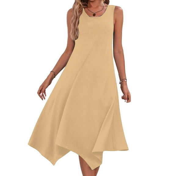 Uaswgudfs Women's Sleeveless Flowy Maxi Dress with Irregular Hem - Casual A-Line Summer Sundress & Minimalist Design Beige S