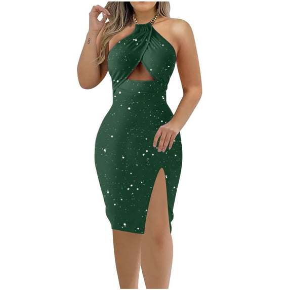 Uaswgudfs Women's Sleeveless Halter Neck Bodycon Dress - Flowy Summer Sundress with Front Slit & Cut-Out Accents for Casual Style Army Green L