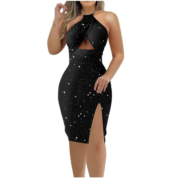Uaswgudfs Women's Sleeveless Halter Neck Bodycon Dress - Flowy Summer Sundress with Front Slit & Cut-Out Accents for Casual Style Black XXL