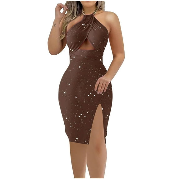 Uaswgudfs Women's Sleeveless Halter Neck Bodycon Dress - Flowy Summer Sundress with Front Slit & Cut-Out Accents for Casual Style Brown S