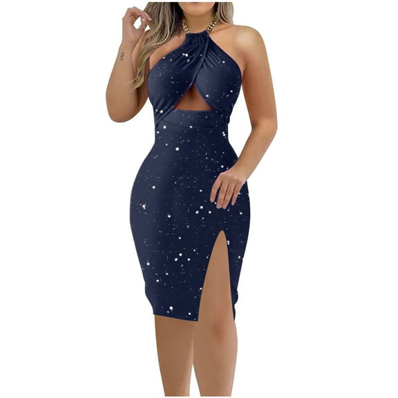 Uaswgudfs Women's Sleeveless Halter Neck Bodycon Dress - Flowy Summer Sundress with Front Slit & Cut-Out Accents for Casual Style Navy S