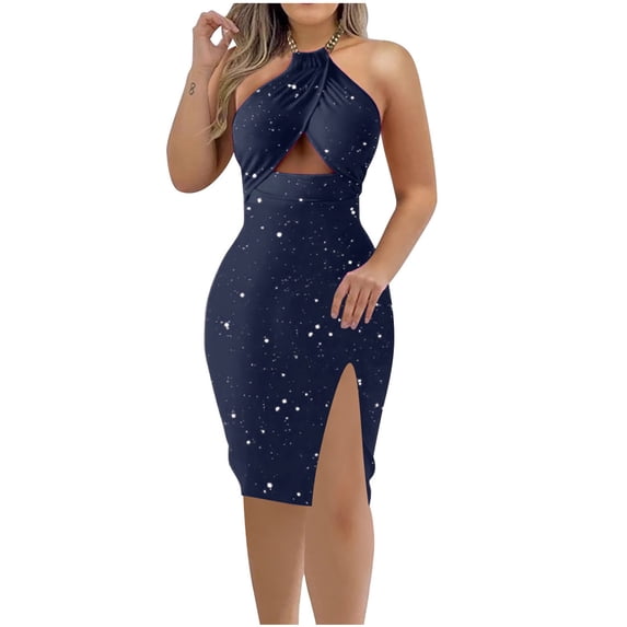 Uaswgudfs Women's Sleeveless Halter Neck Bodycon Dress - Flowy Summer Sundress with Front Slit & Cut-Out Accents for Casual Style Navy XXL
