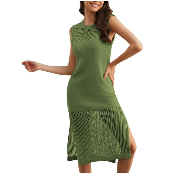 Uaswgudfs Women's Sleeveless High Neck Summer Dress 2025: Slim Knit Fit with Mesh-Trimmed Hem, Side Split & Sheer Flowy Detailing for Casual Green XL