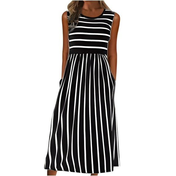 Uaswgudfs Women's Sleeveless High-Waist Casual Sundress 2025 – Lightweight A-Line Midi Dress for Summer Beach & Daily Wear Black L
