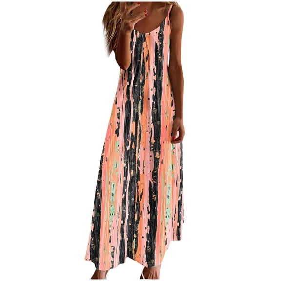 Uaswgudfs Women’s Sleeveless Round Neck Midi Dress - Abstract Pattern Summer Casual Sundress with Flowy Tank Design & Ankle-Length Silhouette