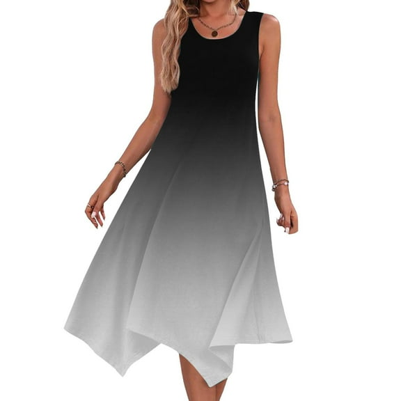 Uaswgudfs Women’s Sleeveless Round Neck Midi Dress - Asymmetrical Hem Knee-Length Sundress with Casual Summer Flowy Tank Design