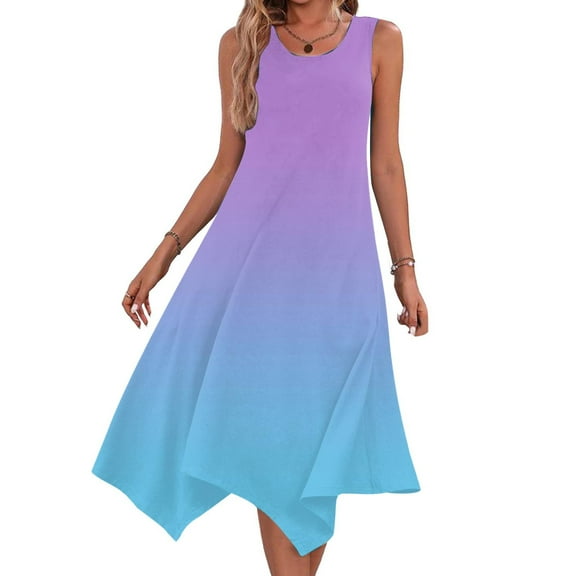 Uaswgudfs Women’s Sleeveless Round Neck Midi Dress - Asymmetrical Hem Knee-Length Sundress with Casual Summer Flowy Tank Design