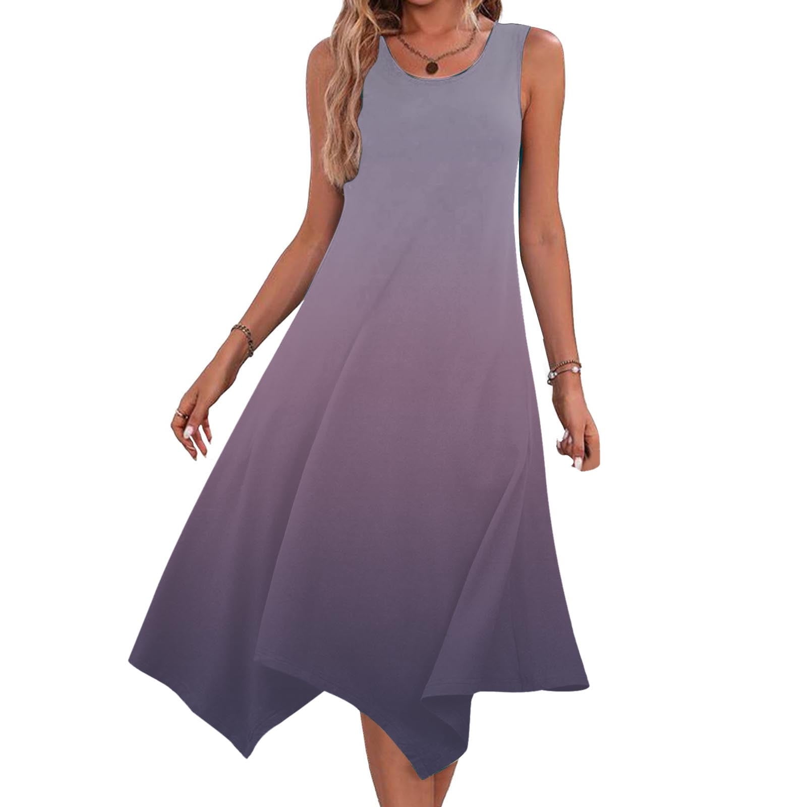 Uaswgudfs Women's Sleeveless Round Neck Midi Dress - Asymmetrical Hem Knee- Length Sundress with Casual Summer Flowy Tank Design - Walmart.com
