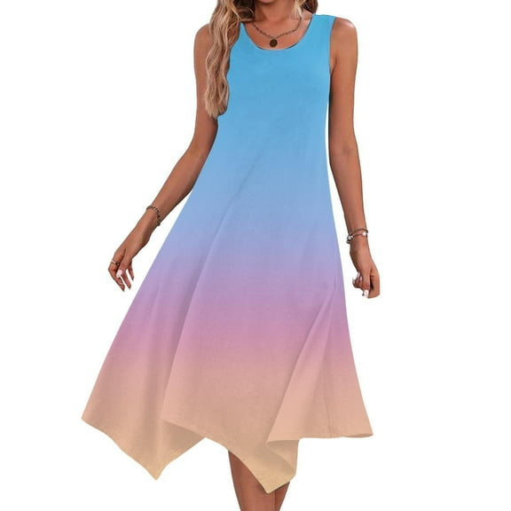Uaswgudfs Women’s Sleeveless Round Neck Midi Dress - Asymmetrical Hem Knee-Length Sundress with Casual Summer Flowy Tank Design