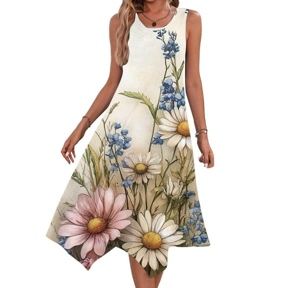 Uaswgudfs Women’s Sleeveless Round Neck Midi Dress - Floral Embroidery & Star Accents with Casual Summer Sundress Asymmetrical Hem Design