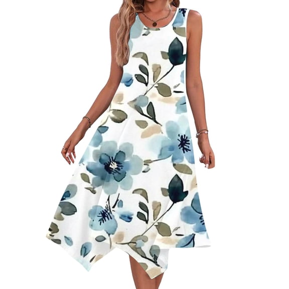 Uaswgudfs Women’s Sleeveless Round Neck Midi Dress - Floral Embroidery & Star Accents with Casual Summer Sundress Asymmetrical Hem Design