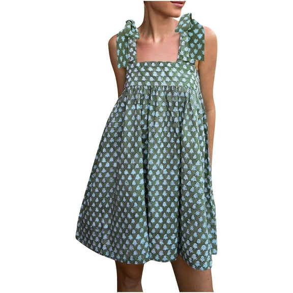 Uaswgudfs Women’s Sleeveless Square Neck Midi Dress - Floral Motif Tank Sundress with Shoulder Ties & Casual Summer Flowy
