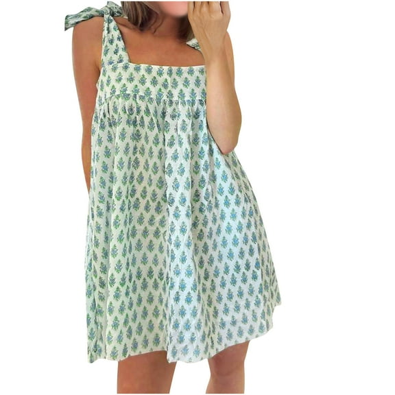 Uaswgudfs Women’s Sleeveless Square Neck Midi Dress - Floral Motif Tank Sundress with Shoulder Ties & Casual Summer Flowy