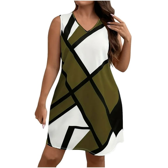 Uaswgudfs Women's Sleeveless V-Neck Flowy Tank Dress - Casual Summer Sundress with Geometric Accents for Versatile Social Style Army Green XXXXL