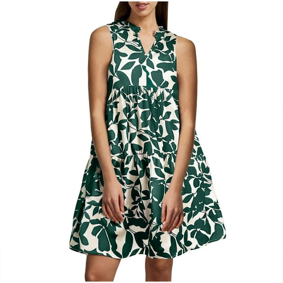 Uaswgudfs Women's Sleeveless V-Neck Flowy Tank Dress - Casual Summer Sundress with Ruched Waist & Leaf Motif Tiered Skirt Green S