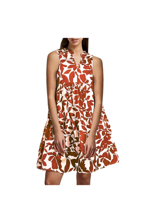 Women's Sleeveless V-Neck Flowy Tank Dress - Casual Summer Sundress with Ruched Waist & Leaf Motif Tiered Skirt Orange M