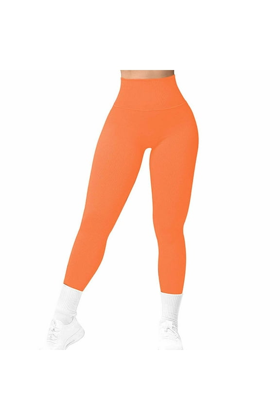 Women's Slim-Fit Yoga Pants: High-Waisted Ribbed Texture & Core Support - Activewear for Gym, Athletic Training Stability Orange L