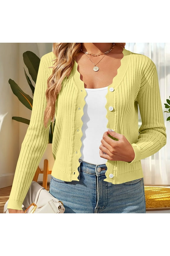 Women's Slim V-Neck Knit Coat - Textured Ribbed Cuffs Wavy Edge Trim Button Closure Elegant Wear