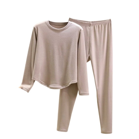 Uaswgudfs Women's Soft Stretch Long Sleeve Crew Neck PJ Set with Curved Hem Top & Elastic Waist Slim Fit Pants Beige L