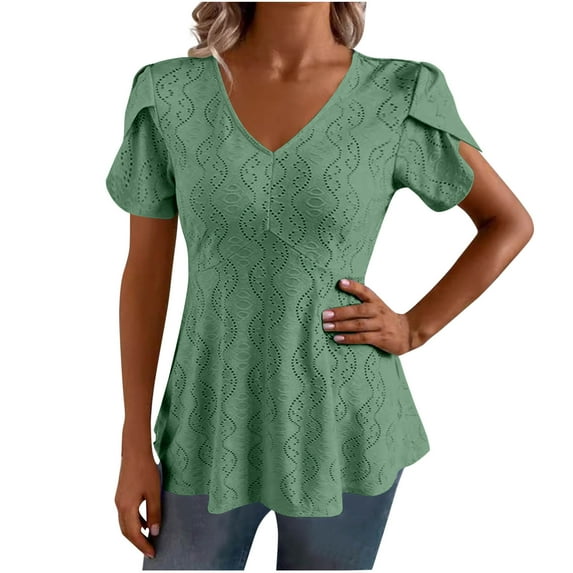 Uaswgudfs Women's Solid Color Babydoll V-Neck Blouse – Casual Everyday Short Sleeve Top with Pleated Ruffle Details