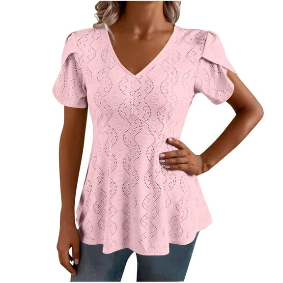 Uaswgudfs Women's Solid Color Babydoll V-Neck Blouse – Casual Everyday Short Sleeve Top with Pleated Ruffle Details
