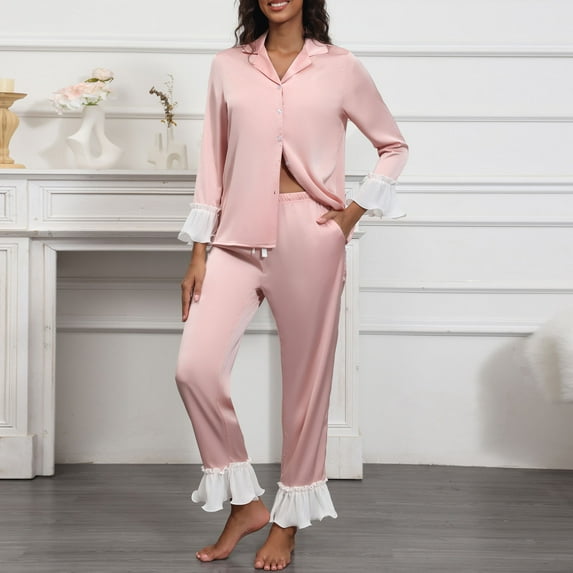 Uaswgudfs Women's Solid Color Casual Turn - down Collar Pajama Set w/ Ruffle Trim Loungewear Sleepwear for Women