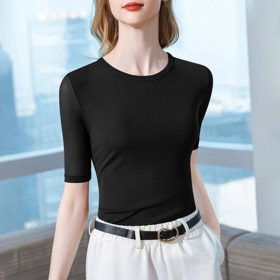 Uaswgudfs Women's Solid Color Crew Neck Mesh Base Layer – 3/4 Sleeve Top Women's Tops, Women's Mesh Blouses Black L