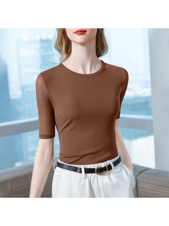 Women's Solid Color Crew Neck Mesh Base Layer – 3/4 Sleeve Top Women's Tops, Women's Mesh Blouses Brown XL