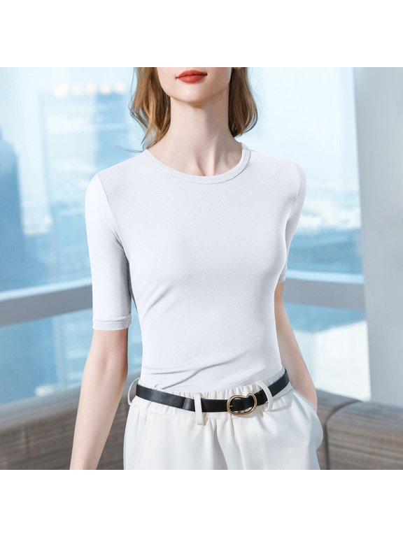 Women's Solid Color Crew Neck Mesh Base Layer – 3/4 Sleeve Top Women's Tops, Women's Mesh Blouses White 2XL