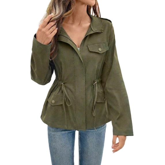 Uaswgudfs Women's Solid Color Drawstring Pocket Jacket, Long Sleeve Casual Outerwear, Polyester Zip-Up Coat with Functional Pockets for Women Army Green L