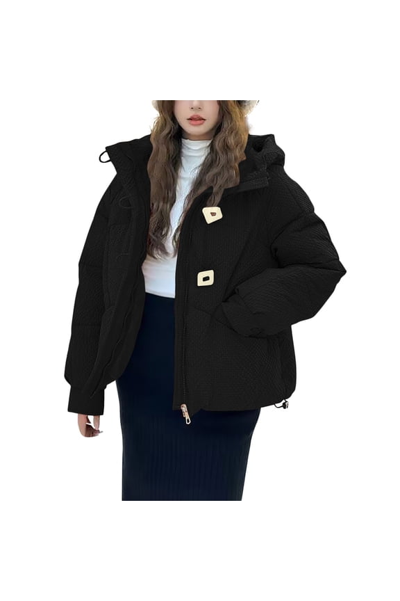 Women's Solid Color Hooded Cotton Jacket with Toggle Buttons Zipper Long Sleeve Casual Outerwear Two Pockets Black XL