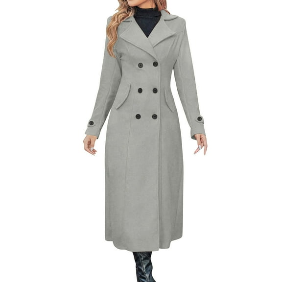 Uaswgudfs Women's Solid Color Long Sleeve Double Breasted Lapel Slim Fit Wool Blend Coat, Elegant Maxi Trench Coat, Formal & Casual Winter Outerwear for Fashion - Forward Ladies Gray XL