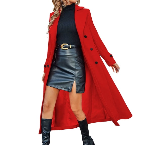 Uaswgudfs Women's Solid Color Long Sleeve Double Breasted Lapel Slim Fit Wool Blend Coat, Elegant Maxi Trench Coat, Formal & Casual Winter Outerwear for Fashion - Forward Ladies Red XL