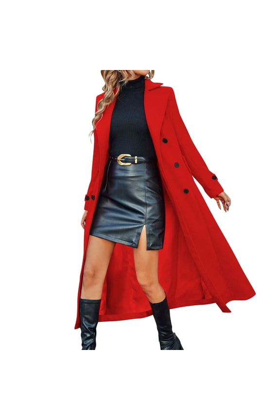Women's Solid Color Long Sleeve Double Breasted Lapel Slim Fit Wool Blend Coat, Elegant Maxi Trench Coat, Formal & Casual Winter Outerwear for Fashion - Forward Ladies Red XL
