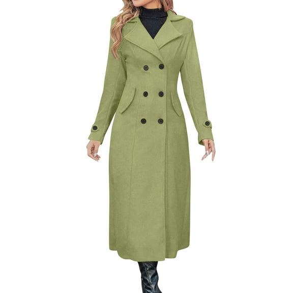 Uaswgudfs Women's Solid Color Long Sleeve Double Breasted Lapel Slim Fit Wool Blend Coat, Elegant Maxi Trench Coat, Formal & Casual Winter Outerwear for Fashion - Forward Ladies Green XL