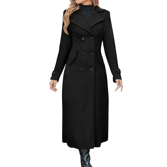 Uaswgudfs Women's Solid Color Long Sleeve Double Breasted Lapel Slim Fit Wool Blend Coat, Elegant Maxi Trench Coat, Formal & Casual Winter Outerwear for Fashion - Forward Ladies Black L